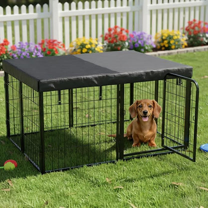 Dog Playpen w/Square Top Shade Cover - 40 inch, 8 Panel Portable Black Metal Pet Play Pen for Medium & Large Dogs - Indoor/Outdoor Kennel Cage for Home, Yard, RV, or Camping
