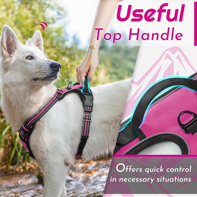 Eagloo Dog Harness for Large Dogs, No Pull Service Vest with Reflective Strips and Control Handle, Adjustable and Comfortable for Easy Walking, No Choke Pet Harness with 2 Metal Rings, Rose Red, L