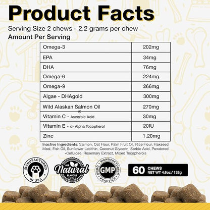 Dog Fish Oil Supplements - 60 Omega 3 Fish Oil Dog Vitamins, Veterinarian Formulated Itching Relief for Dogs, Natural Omega 3 Fish Oil for Dogs, Dog Skin and Coat Supplement (Salmon Flavor)
