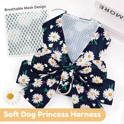 BAEJMJK Dog Harness and Leash Set with Bow Knot No Pull Pet Daisy Floral Harness with D-Ring Soft Mesh Dog Harness Vest Set Escape Proof Princess Puppy Harness for Small Girl Dogs Cats（Navy Blue S）