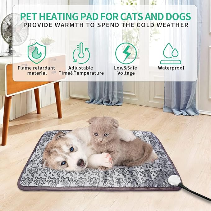 Cat Heating Pad, (18×18 in) Pet Heating Pad for Cats Puppy Heated Dogs Blanket with Timer(1-24H),Waterproof Heated Cat Blanket with Chew Resistant Steel Cord
