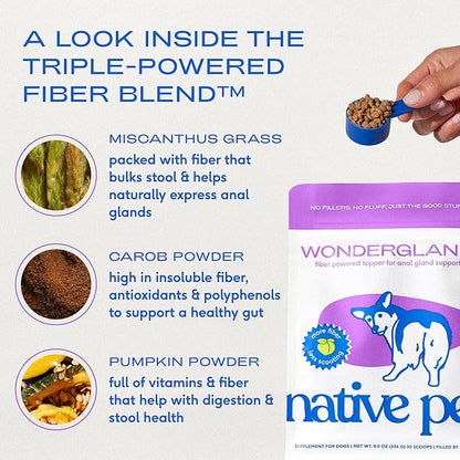 Native Pet WonderGland - Dog Anal Gland Supplement - Promotes Firm Stools, Natural Gland Expression to Help Reduce Scooting - Fiber Food Topper with Miscanthus Grass, Pumpkin & Probiotics -120 Scoops