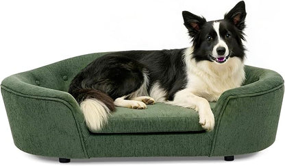 Dog Couch Bed with Oval Semi-Enclosed, Durable Linen Material Pet Sofa with Soft Foam Cushion, Dog Sofa Bed with Legs for Medium Dogs, Green
