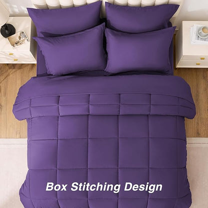 Love's cabin King Size Comforter Set Dark Purple, 7 Pieces King Bed in a Bag, All Season Bedding Sets with 1 Comforter, 1 Flat Sheet, 1 Fitted Sheet, 2 Pillowcase and 2 Pillow Sham