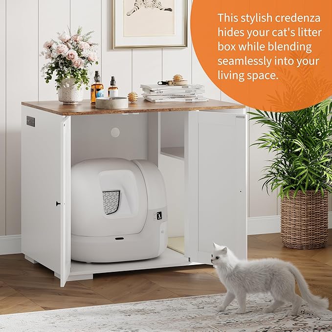 Extra Large Cat Litter Box Enclosure with Scratch Pad, Large Automatic Litter Box Furniture, Dog-Proof Litter Cabinet with Outlet, Space for Cat Stuffs