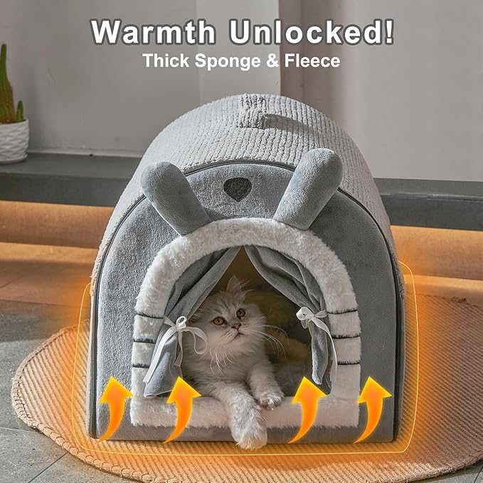 Jiupety Small Dog House Indoor, Cat House with Door Curtain Design, Puppy House with Reversible Washable Cushion, M Size Portable Pet Cave for 7-13 lb Cats and 5-11 lb Dogs, Non-Slip Bottom, Grey