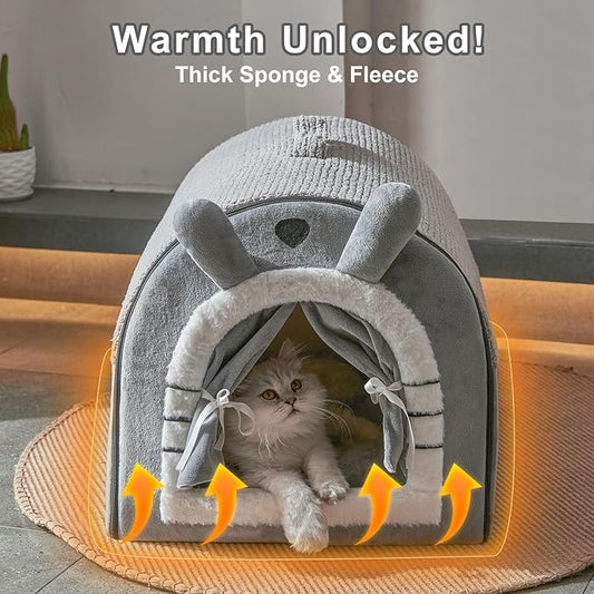 Jiupety Small Dog House Indoor, Cat House with Door Curtain Design, Puppy House with Reversible Washable Cushion, M Size Portable Pet Cave for 7-13 lb Cats and 5-11 lb Dogs, Non-Slip Bottom, Grey