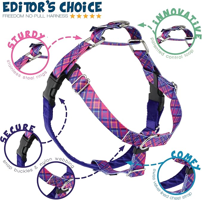 2 Hounds Design - Freedom No-Pull Harness & Training Leash in Pink and Purple | Dual Leash Loops, No Pulling on Walks | Lined to Prevent Chaffing | for Large Sized Dogs (Size L, Chest 28”- 32”)