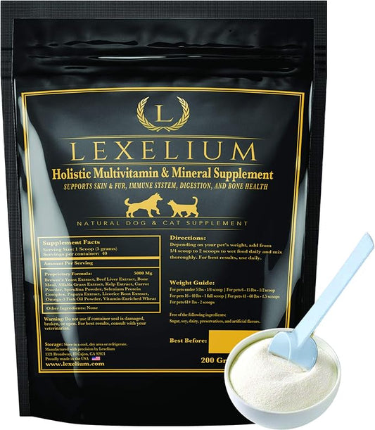Holistic Multivitamin Supplement for Dogs and Cats - Complete 12-in-1 Plant-Based Vitamins & Minerals for Skin, Coat, Digestion, Bones, and Immunity - Omega-3 Fish Oil, Vitamin Mineral Complex - 200G