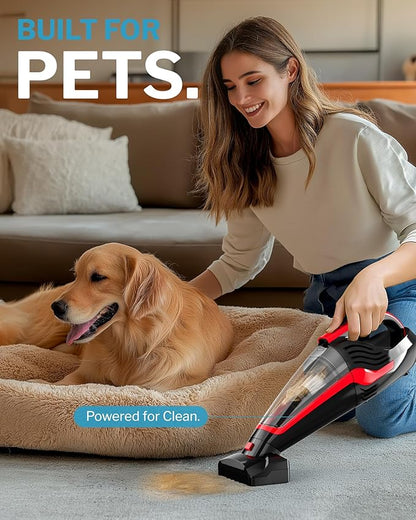 Powools Pet Hair Handheld Vacuum Cordless, Car Vacuum Rechargeable with Reusable Filters, Motorized Brush and Multi-Accessories for Carpet, Couch & Stairs, Red, 17.0"X 4.6"X 6.6"