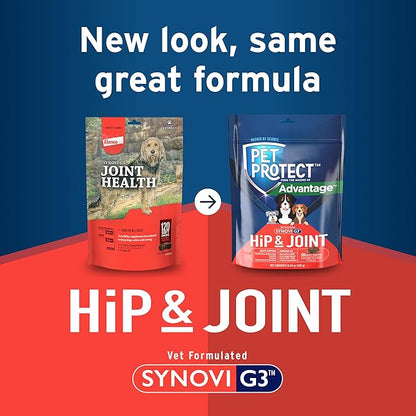 Pet Protect Dog Hip & Joint Supplement for Occasional Joint Stiffness, Vet-Formulated Synovi G3, Dog Glucosamine, Chicken-Flavored Soft Chews (120 Count)