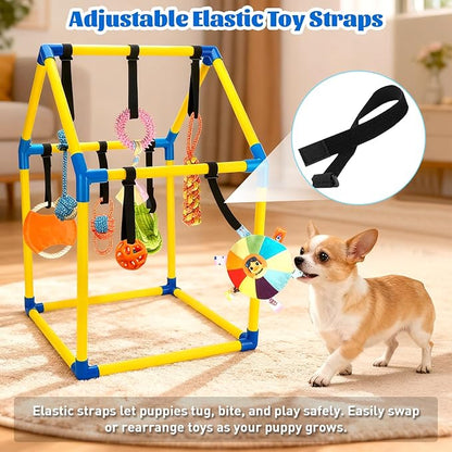 Puppy Play Gym with 9 Hanging Toys, Interactive Dog Enrichment Playground, Removable Indoor Training Activity Center for Puppies & Small Dogs, Adjustable PVC Frame, Teething & Squeaky Toys Included