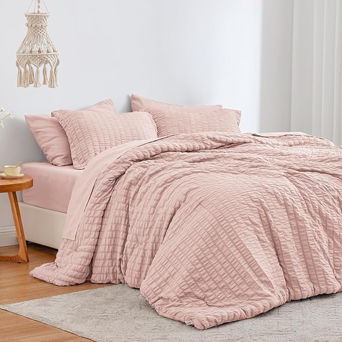 Love's cabin Seersucker Pink Queen Comforter Set, 7-Piece All Season Lightweight Bed in a Bag Bedding Set with Comforter, Flat Sheet, Fitted Sheet, Pillowcases and Shams | Soft, Breathable, Lightweight