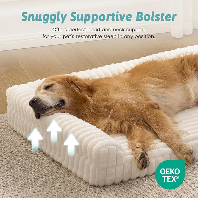 COZY KISS Extra Large Dog Bed, Faux Rabbit Fur Orthopedic Foam Dog Bed with Sides, Removable Washable Cover, Comfortable Pet Couch for Extra Large Dogs, Cream (48" L x 35" W x 7.5" Th)
