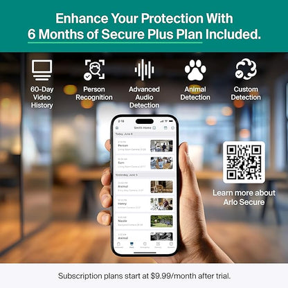 Arlo Essential Indoor Pan Tilt Security Camera 2K (2025 Release) + 6 Months of Secure Plus Plan - Wired Plug-in Power, Person Recognition, Animal Detection, Auto Motion Tracking, 1 Cam, Black
