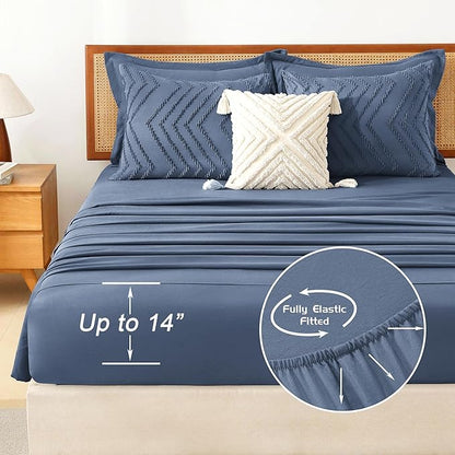 Litanika Full Size Comforter Set with Sheets Ocean Blue - 7 Pieces Bed in a Bag Full Chevron Tufted Complete Bedding Sets with Comforter, Sheets, Pillowcases & Shams