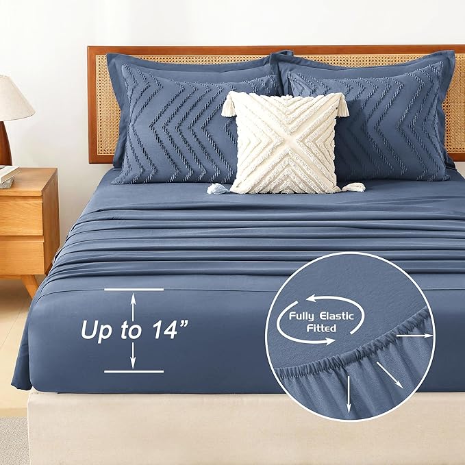 Litanika King Size Comforter Set with Sheets Ocean Blue - 7 Pieces Bed in a Bag King Chevron Tufted Complete Bedding Sets with Comforter, Sheets, Pillowcases & Shams