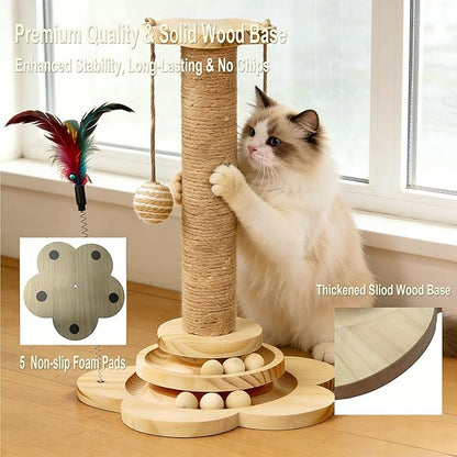 Wooden Cat Scratching Post, 4 in 1 Cat Scratcher Kitten Toys for Indoor Cats, 17.7" Tall Sisal Post with Two-Laye Wooden Ball Track, Ideal for Small Medium Cat