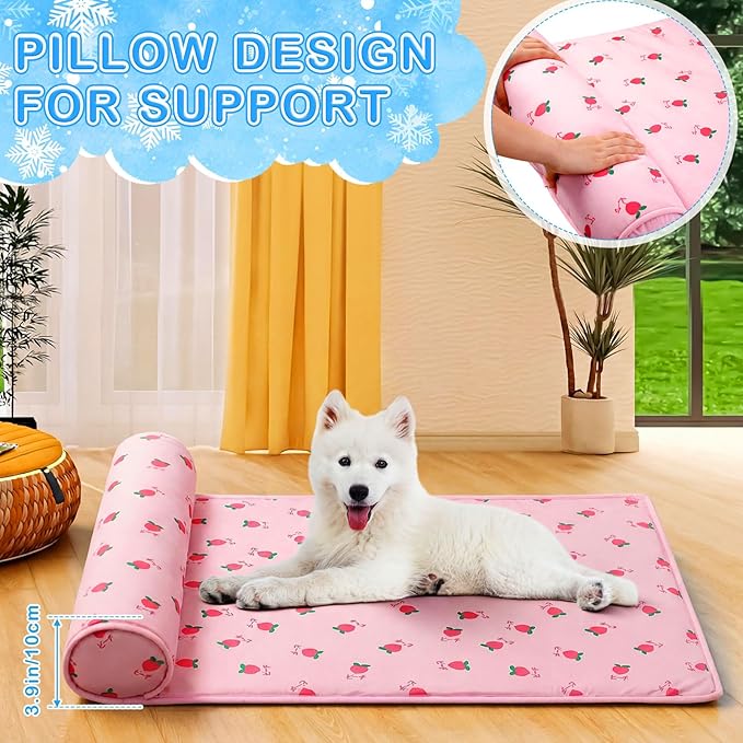 DoubleFill 4 Pack Cooling Dog Mats with Supportive Pillow 15.7" x 23.6" Self Cooling Dog Pads Ice Silk Washable Pet Cool Mat Summer Cat Sleeping Pad with Storage Bag for Crate Bed Floor (Small, Pink)