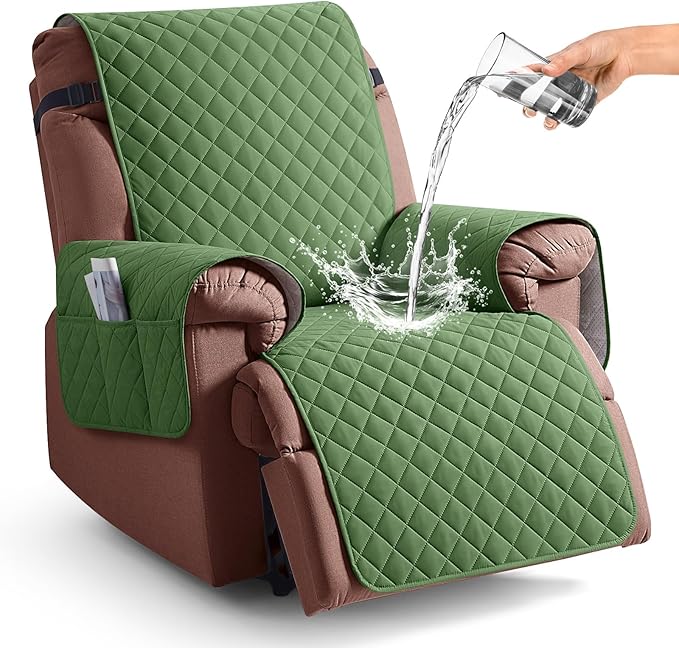 KinCam 100% Waterproof Recliner Chair Cover, Reclining Couch Covers for Pets, Dogs, Recliner Sofa Slipcover Furniture Protector with Elastic Straps for Kids(23.6", Vine Green)