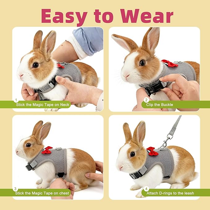 AIITLE Rabbit Harness and Leash Set with Cute Bow, Soft Breathable Mesh Vest Harness for Rabbits Kitten Ferret Puppy Small Pets Walking Supplies Grey S
