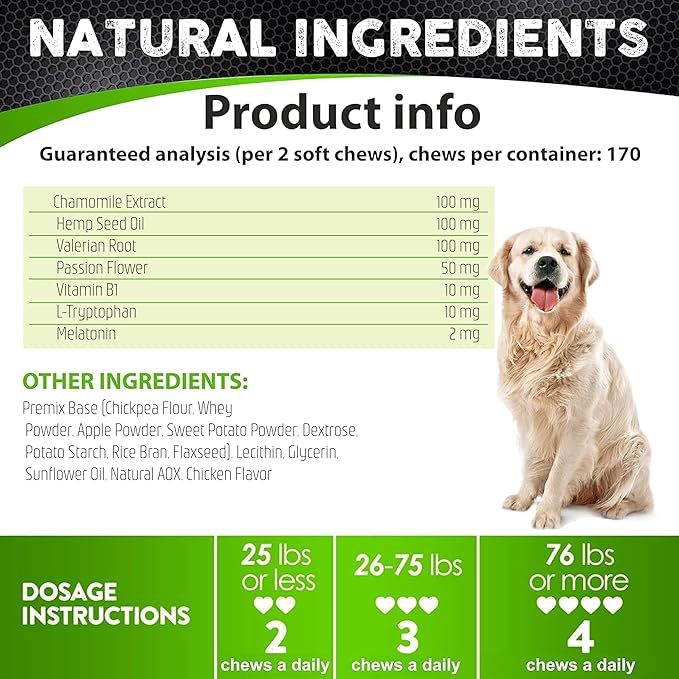 Hemp Calming Chews for Dogs with Anxiety and Stress - 170 Dog Calming Treats - Storms, Barking, Separation - Valerian Root - Melatonin - Hemp Oil - Dog Anxiety Relief - Made in USA | Soft Chews
