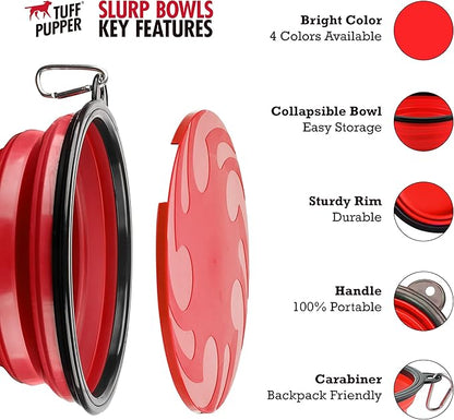 Tuff Pupper SuperBigSlurp Collapsible Dog Bowls | Two Pack Bowls | Extra Large Capacity | Portable, Food Safe, Odorless | Non-Toxic Silicone [Two Pack Red Bowls 60oz]