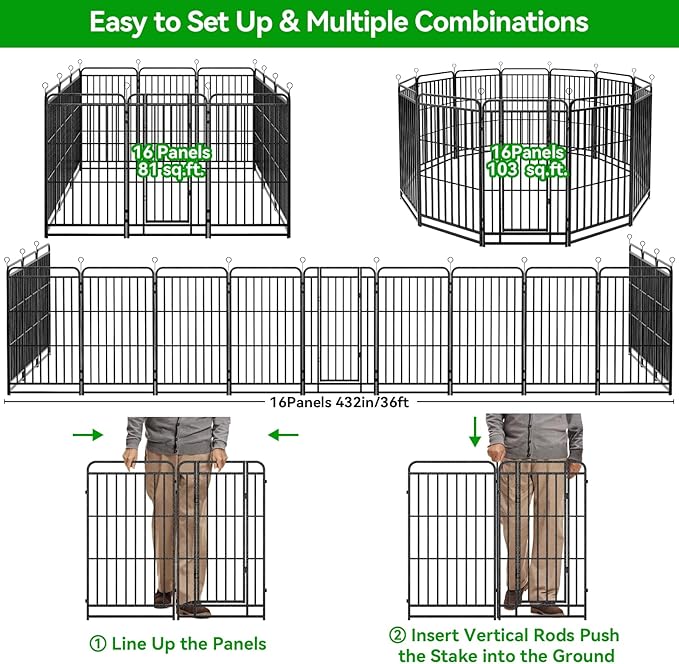 Kfvigoho Heavy Duty Dog Playpen: 16 Steel Panels 47" Height, Square Steel Pipe with Reinforced Crossbars, 36FT 103 Sq.ft Portable Fence for Yard RV Camping, Snowy Black