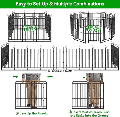 Kfvigoho Heavy Duty Dog Playpen: 16 Steel Panels 47" Height, Square Steel Pipe with Reinforced Crossbars, 36FT 103 Sq.ft Portable Fence for Yard RV Camping, Snowy Black