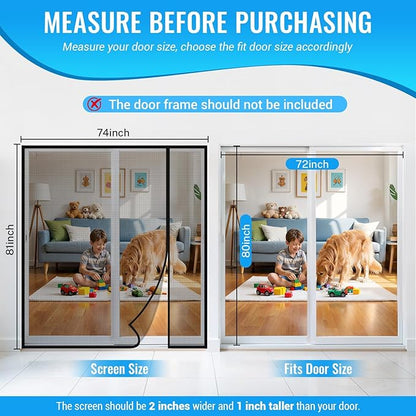 Magnetic Closure Screen Door, Reversible Mesh Door Screen Fits 72" x 80" Door, Heavy-Duty Magnetic Mesh Curtain for Sliding Door and French Door, Self-Sealing, Portable Patio Screen (74" x 81")