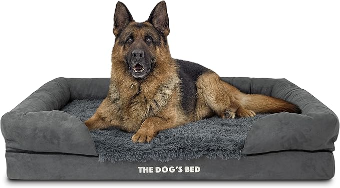 The Dog’s Bed Orthopedic Memory Foam Dog Bed with Bolsters for XL Dogs, Waterproof Washable Cover, Anti-Slip Base, Calming Surface – CertiPUR-Certified Foam, Fur Fabric, Grey Fur, XL