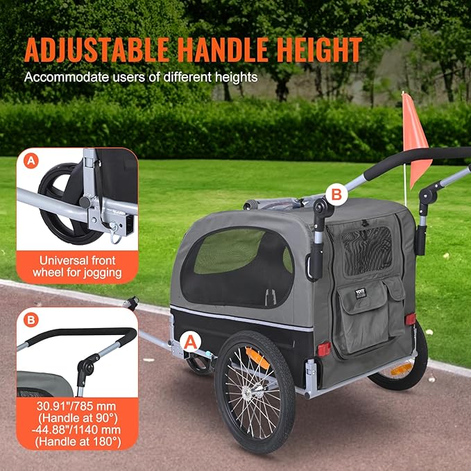 VEVOR Dog Bike Trailer, Supports up to 66/88/100 lbs, 2-in-1 Pet Stroller Cart Bicycle Carrier, Easy Folding Cart Frame with Quick Release Wheels, Universal Bicycle Coupler, Reflectors, Flag