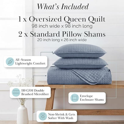 Southshore Fine Living, Inc. Queen Quilt Set, Full Size Bedspread with 2 Matching Pillow Shams, Soft Microfiber Lightweight Quilts, Queen Size Coverlet, Easy Care Machine Washable, Slate Blue