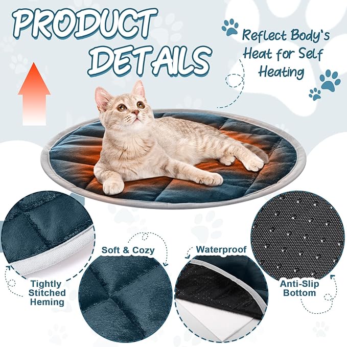 Drydiet 2 Pcs Self Warming Cat Mat Round Self Heating Pad Bed Reversible Machine Washable Heated Bed Anti Slip Warming Pad Pet Mat for Cat Crate Indoor Outdoor(Blue,16 Inch)