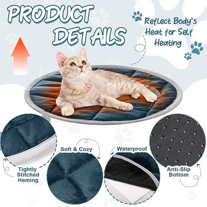 Drydiet 2 Pcs Self Warming Cat Mat Round Self Heating Pad Bed Reversible Machine Washable Heated Bed Anti Slip Warming Pad Pet Mat for Cat Crate Indoor Outdoor(Blue,16 Inch)