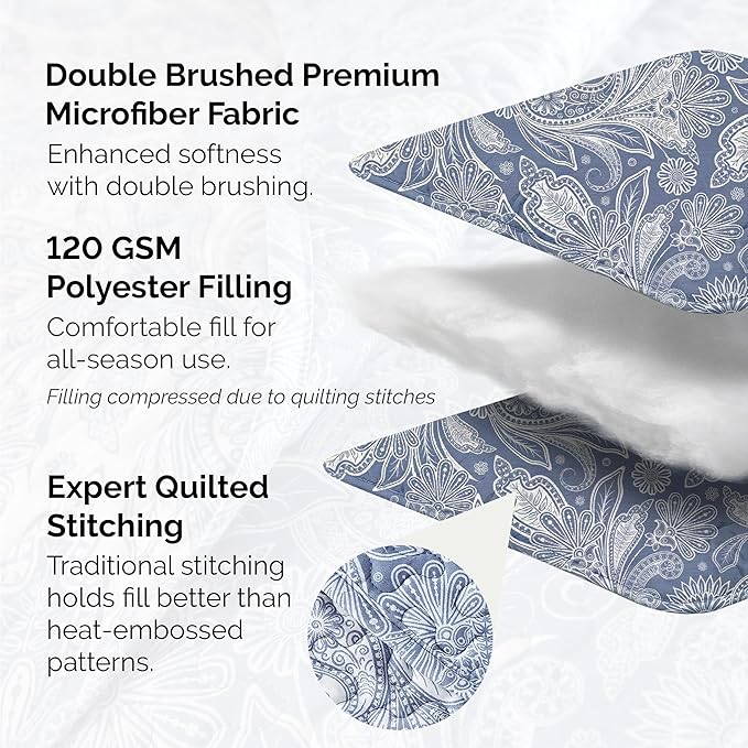 Southshore Fine Living, Inc. Paisley Quilt Queen Size Bedding Set, Full Size Quilted Coverlet, Boho Bedspreads Queen Size Set with Two Matching Pillow Shams, Full/Queen, Reversible Blue