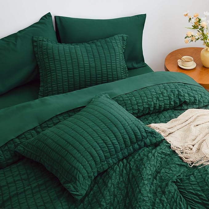 Love's cabin Seersucker Dark Green Full Comforter Set, 7-Piece All Season Lightweight Bed in a Bag Bedding Set with Comforter, Flat Sheet, Fitted Sheet, Pillowcases and Shams | Soft, Breathable, Lightweight