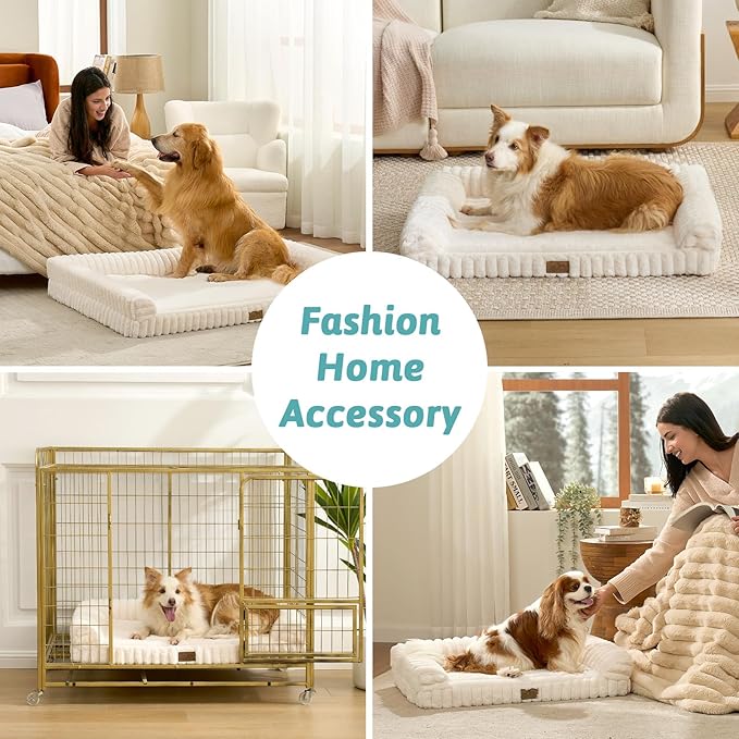 COZY KISS Cute Dog Bed for Medium Dogs, Faux Rabbit Fur Orthopedic Foam Dog Bed with Sides, Removable Washable Cover & Waterproof Lining, Comfortable Pet Couch, Cream (36" L x 27" W x 6.5" Th)