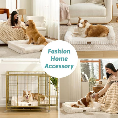 COZY KISS Large Dog Bed for Large Dogs, Faux Rabbit Fur Orthopedic Foam Dog Bed with Sides, Removable Washable Cover & Waterproof Lining, Comfortable Pet Couch, Cream (44" L x 32" W x 7" Th)