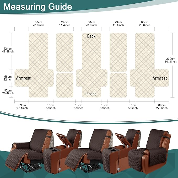 Ruaozz Waterproof Recliner Sofa Cover with Console Non-Slip Couch Covers for Reclining Couches Pet Cover for Double Recliner Sofa Cover with Elastic Straps for Kid Dogs Pets (Chocolate, 3 Seater)
