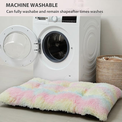 BFPETHOME Dog Beds for Large Dogs, Plush Dog Crate Bed Fluffy Cozy Kennel Pad for Sleeping &Ease Anxiety, Washable Pet Mats with Anti-Slip Bottom for Large Dogs, Rainbow