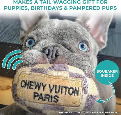 Haute Diggity Dog Chewy Vuiton Ball Plush Squeaky Dog Toy, Soft Durable Designer-Inspired Stuffed Puppy Chew Toys for Small & Medium Dogs, Machine-Washable (Tan Checker) Large
