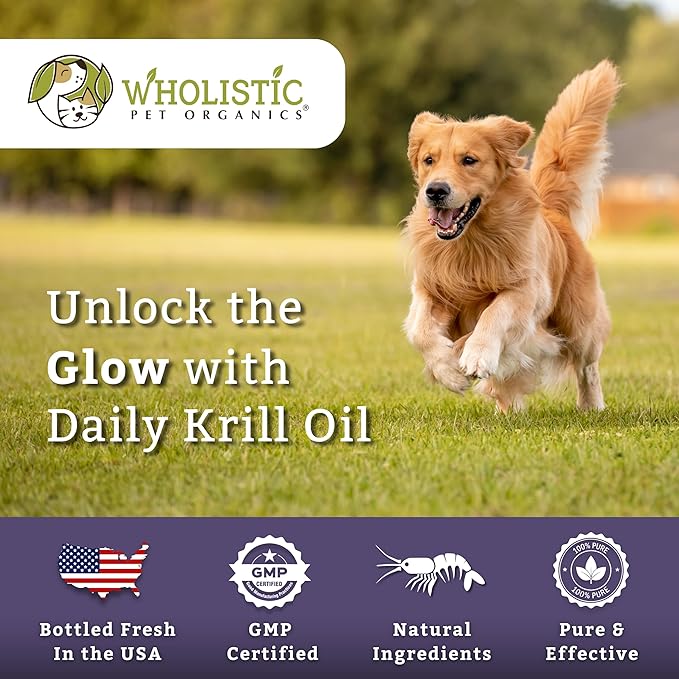 Wholistic Pet Organics Krill Oil for Dogs and Cats - Premium Antioxidant Support for Pets - Cat and Dog Skin and Coat Supplement with EPA, DHA, Astaxanthin - Omega 3 for Dogs and Cats - 200 Soft Gels