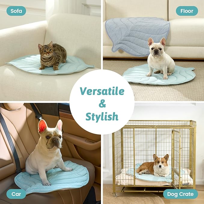 COZY KISS Dog Cooling Mat, Q-Max > 0.4 Leaf Shaped Pet Pad, Liquid Pee Proof Summer Mat for Cats, Washable Sleep Blanket for Bed Couch Floor Indoor, 33x28 inch, Green