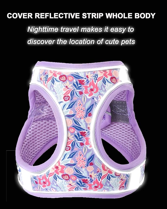 XS Light Purple Flower Pattern Dog Harness and Leash Set,No Escape Puppy Harnesses for Training Walking，Breathable Adjustable Puppy Vest for Small Medium Dogs, Cats (Light Purple, XS)