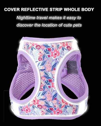 XS Light Purple Flower Pattern Dog Harness and Leash Set,No Escape Puppy Harnesses for Training Walking，Breathable Adjustable Puppy Vest for Small Medium Dogs, Cats (Light Purple, XS)