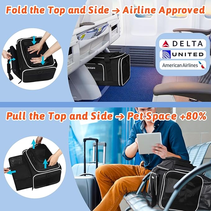 Petskd Top and Side Expandable Pet Carrier 18x11x11 Inches Delta United Airline Approved, Soft-Sided Carrier for Small Cats and Dogs with Locking Safety Zippers and Anti-Scratch Mesh(Black)
