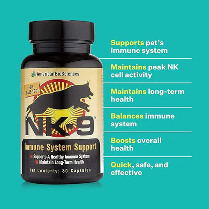 American BioSciences NK-9, AHCC Supplement for Dogs & Cats - Dietary Supplement to Support Immune System - Made for Pet's Immune Defenses - 30 Capsules, 250mg/capsule