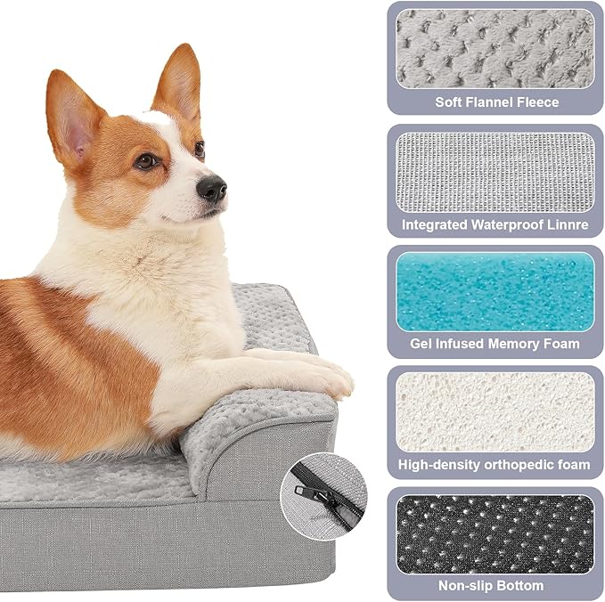Rainmr Orthopedic Dog Bed for Small and Medium Dogs, Memory Foam Pet Bed with Washable Removable Cover, Nonskid Bottom, Waterproof, for Indoor, Outdoor, Crate ＆ Car Use, 30x20x6 Inches, Light Grey