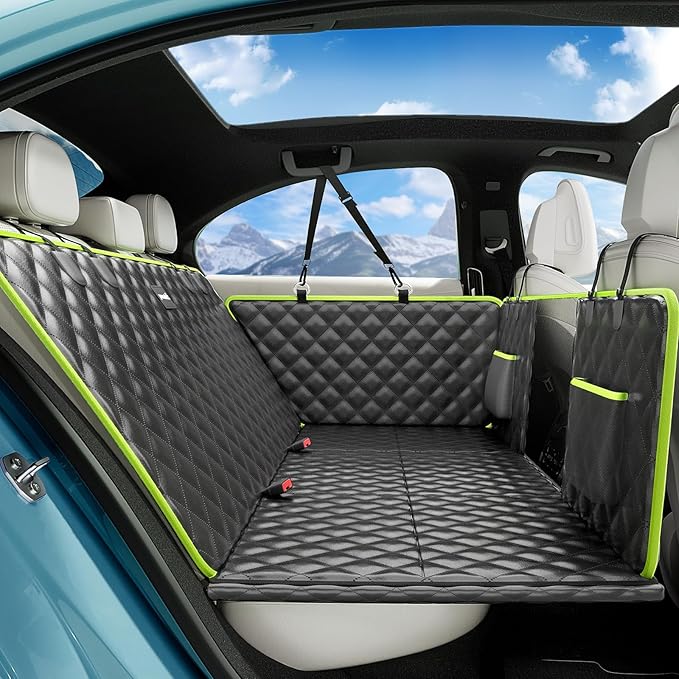 Dog Car Seat Cover for Back Seat, Waterproof Leather Fabric Back Seat Extender for dogs 52.4 * 24.4in, Foldable in The Car, Hard PVC Panels Bottom Support to 330 lbs, for Cars/Mid-Size SUV/Small Truck